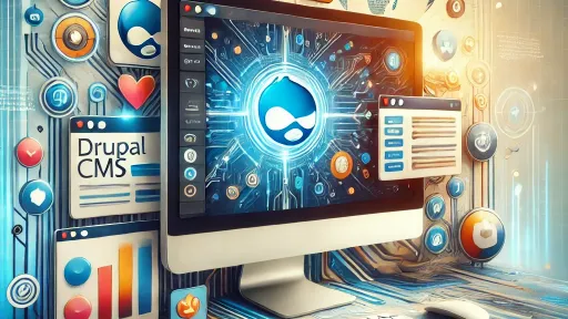 Ein Schreibtisch an einer Wand voller Drupal Symbole mit Monitor und Tastatur und Maus.